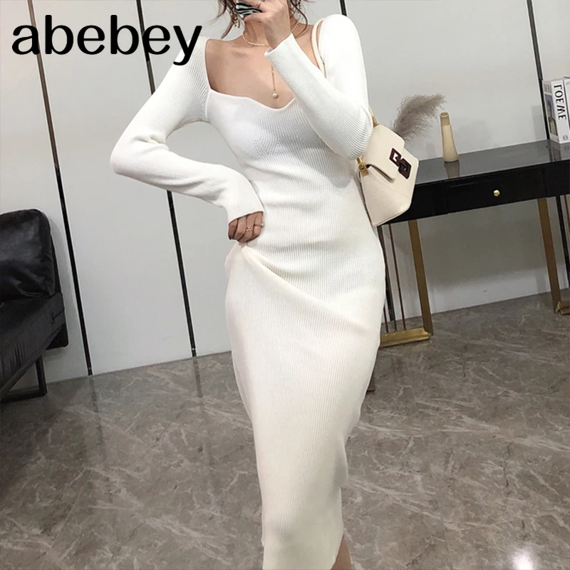2021 Dresses For Women Sexy Strapless Ribbed Knitted Bodycon Dress Winter Long Sleeve Midi Sweater Clothes | Женская одежда