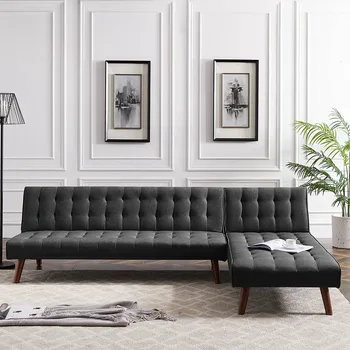 

Folding Reversible Sectional Sofa Sleeper Set Sofa Bed Living Room Furniture Pu Fabric With Metal Wood Legs