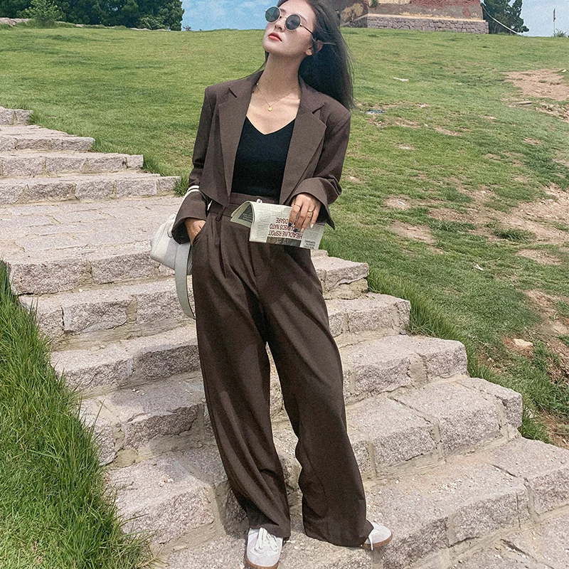 FORYUNSHES 2 Pieces Set Women Blazers Suits 2020 Autumn Korean Style Solid Chic Short Blazer + Suit Pant Female Casual Suits
