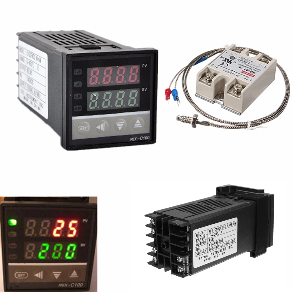 Fixing Accessories Included 220V REX-C100FK02-VAN Digital Temperature Regulator Thermostat with PV/SV Dual Display SSR Output Temperature Controller 