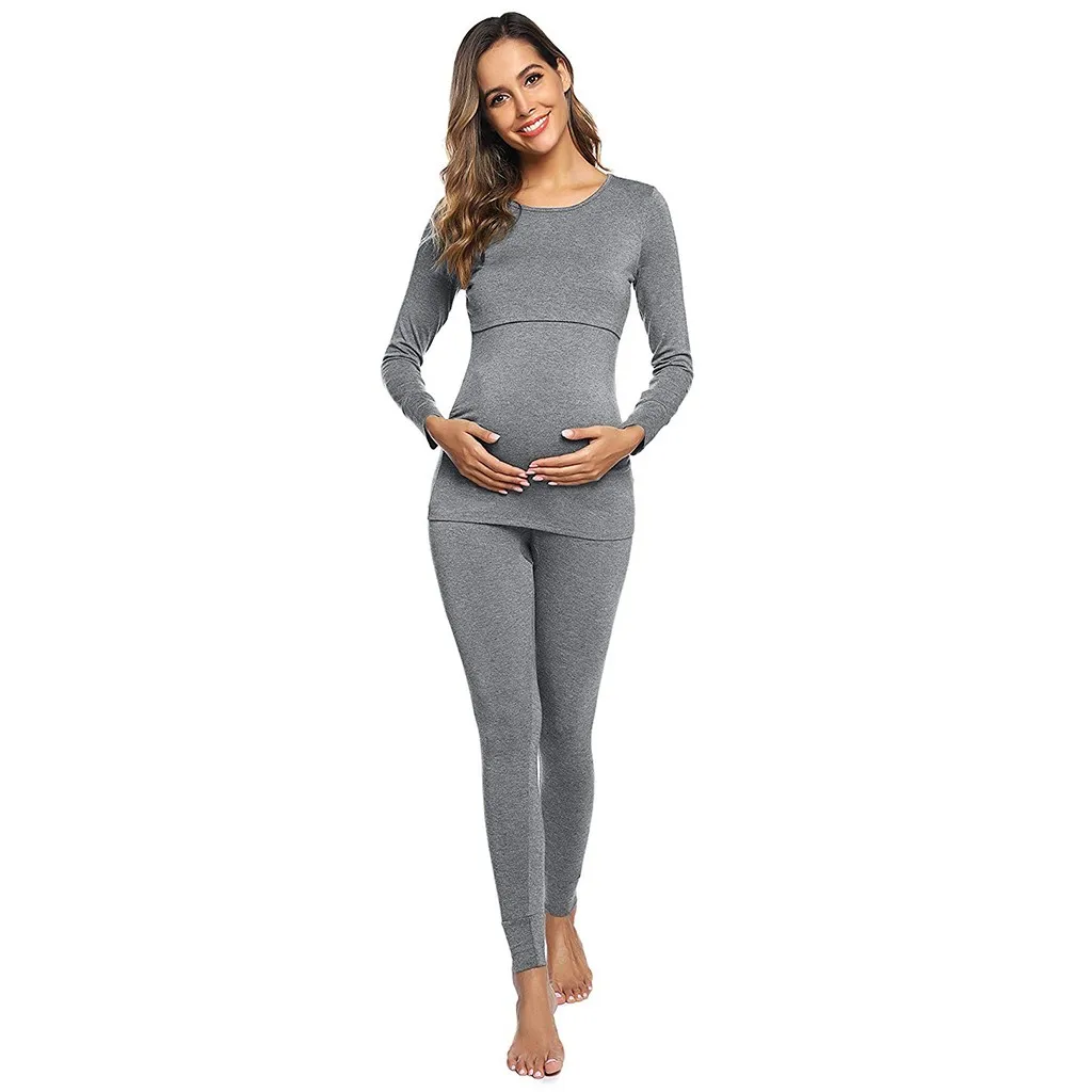 Одежда для беременных женская футболка с длинными рукавами для кормящих детей Топы+ штаны до щиколотки, пижамный комплект, костюм для женщин 1217