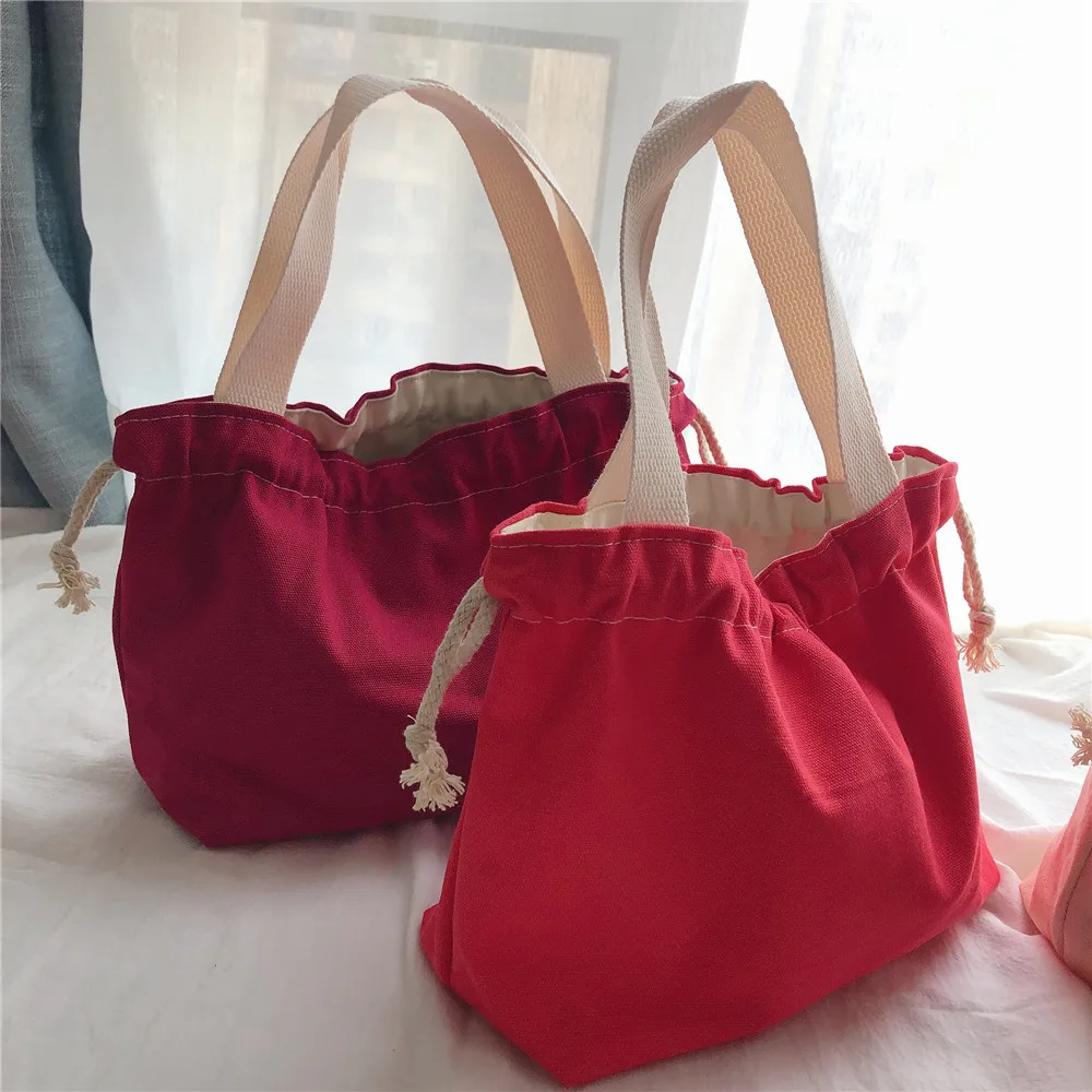 Japanese  Canvas Lunch Bag Thick  Lining Lunch Box Tote  Drawstring Hand Bag  Cute Picnic Dinner Container Food Storage Bags