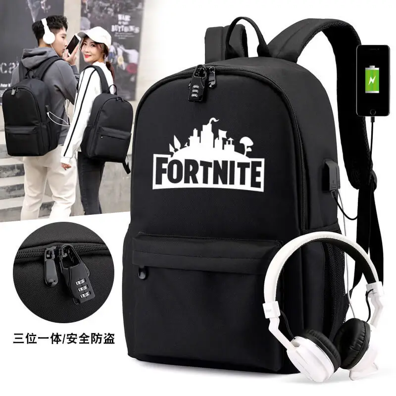Mochila escolar de Fortnite para ordenador portátil, morral escolar ligero resistente al agua con puerto de carga USB y bloqueo para adolescentes
