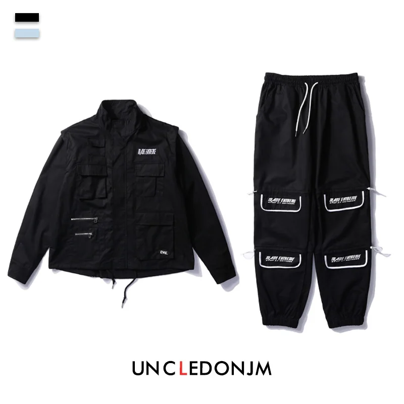 

UNCLEDONJM 2 Pieces Sets Men Fashion Zipper Cargo Jacket With Pocket Military Jackets Coat And Loose Fit Elastic Waist Pants