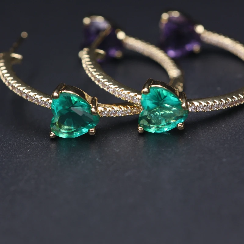 Золотой обруч серьги зеленый в форме сердца Кристалл Камень круглые серьги для женщин высокое качество белый кубический цирконий ювелирный подарок
