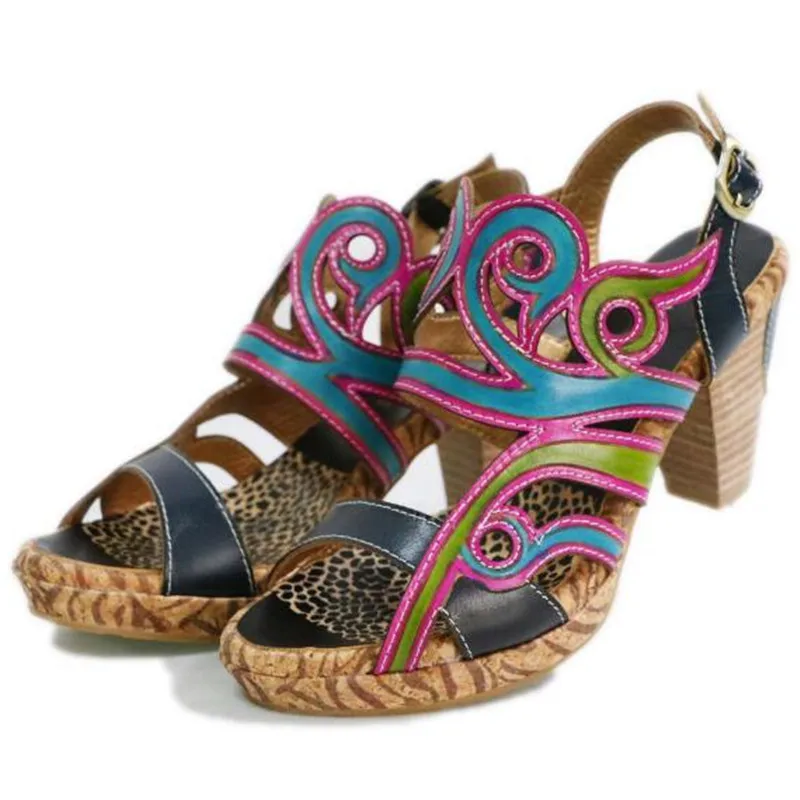 

Fashion 6-8CM Thick High heel Women Sandals Shoes Women Genuine Leather Buckle Strap printing flower Classics shoes for women