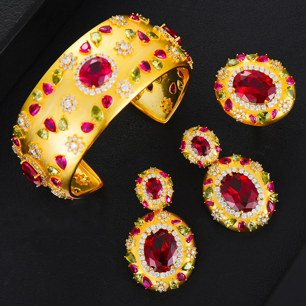 

KellyBola New Open Bracelet Ring Earring 3PC For Women Bridal Wedding Shiny Cubic Zircon Dubai PARTY Daily Sets Jewelry BOHO