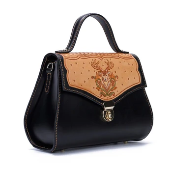 

Hand-made leather carving with retro personality Chinese syle deer head layer cowhide single shoulder oblique Bag New Lady Bag