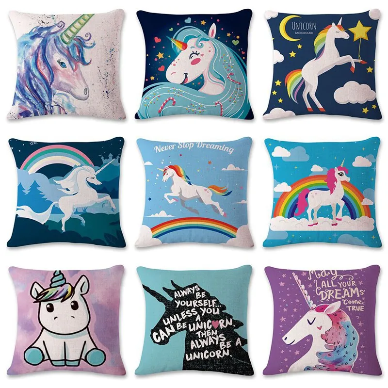 

New Cartoon Unicorn Animal Cushion Cover Cotton Linen Decorative Pillow Case Chair Seat Square Pillow Cover 45X45cm