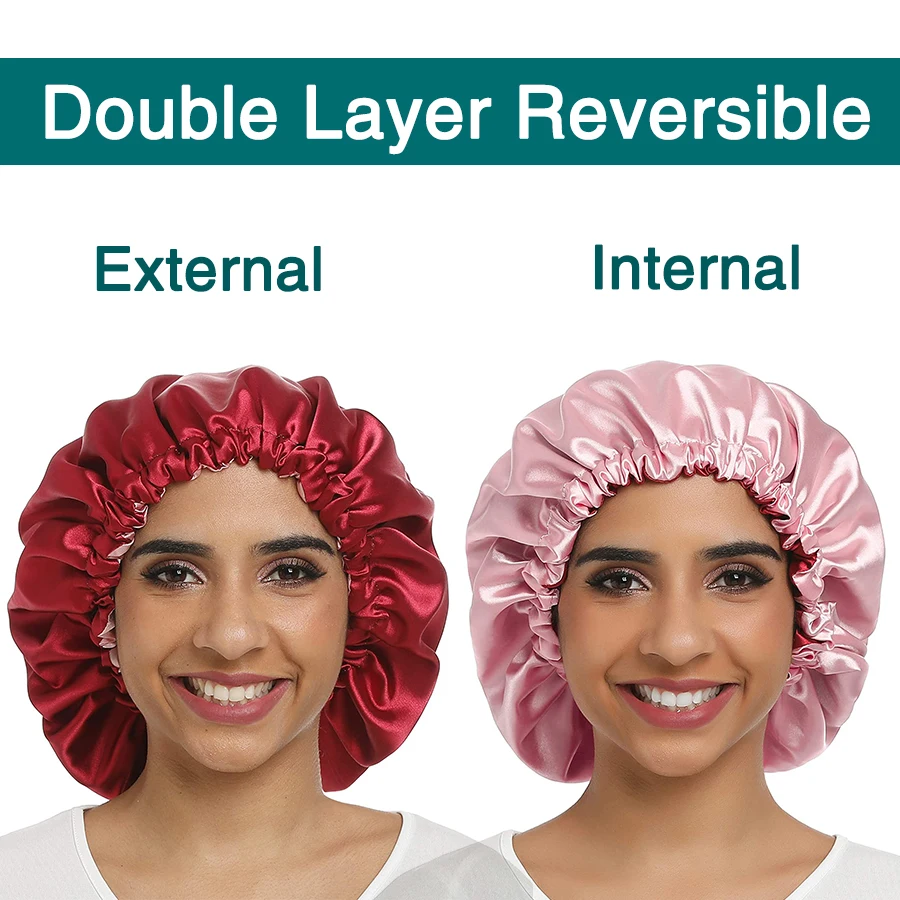 Alileader Silk Satin Sleep Cap Reversible Satin Bonnet Double Layer Waterproof Shower Cap Protect Hair Women Hair Treatment Hat