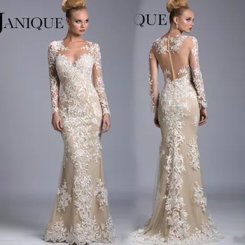 

2015 New sexy see through back Long Sleeve For Weddings Guest Sweetheart Appliques Champagne Mermaid Mother of the Bride dreses