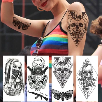 

Masked Girls Temporary Tattoos For Women Men Gangster Moth AK47 Tattoo Death Skull Realistic Flower Waterproof Hand Fake Tatoos