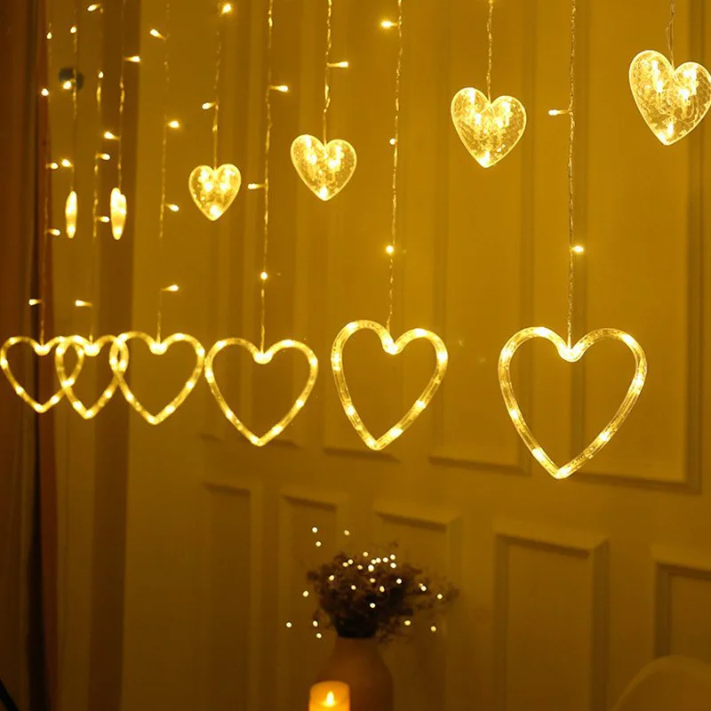 Светодиодный фонарь, светящаяся гирлянда в форме сердца, звезды, занавес, красный свет, вечерние украшения для дома