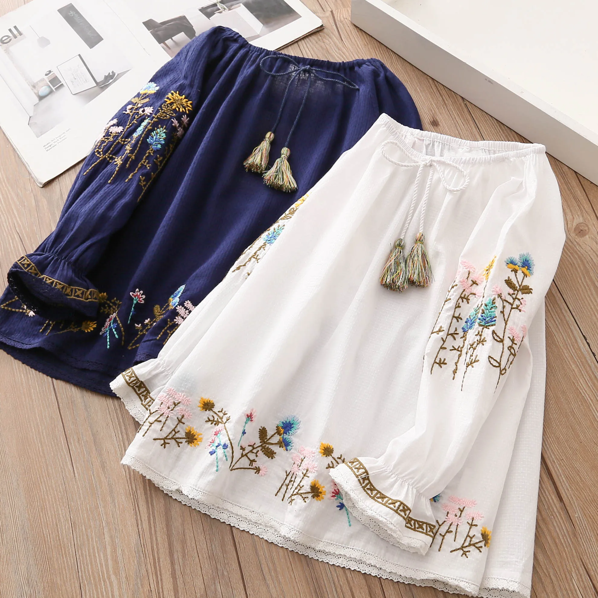 Spring Autumn 2-10 Years Cotton Navy Blue White Long Flare Trumpet Sleeve Embroidery Baby Kids Girls Tassels Blouse Shirt