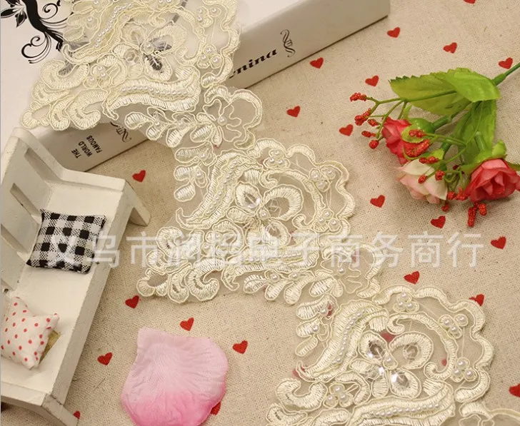 Champagne Sequined Бисероплетение, цветок, кружево, 3D расшитое блестками Свадебное кружево, 2 ярда/Лот, золотая вышивка, отделка, волнистое кружево, аппликация, цветок, кайма 11 см - Цвет: Champagne Sequined