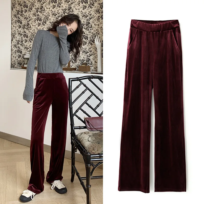 Осенне-зимние Бархатные длинные широкие брюки женские корейские уличные сексуальные брюки с высокой талией повседневные велюровые черные красные брюки - Цвет: H