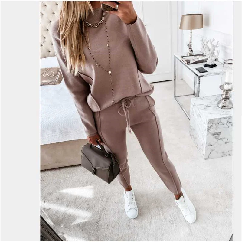 

Tracksuits Women's Fleece Sweatshirt Sets Lantern Sleeve Pullover Drawstring Pants Clothing Women Autumn Sportswear Lady Suit