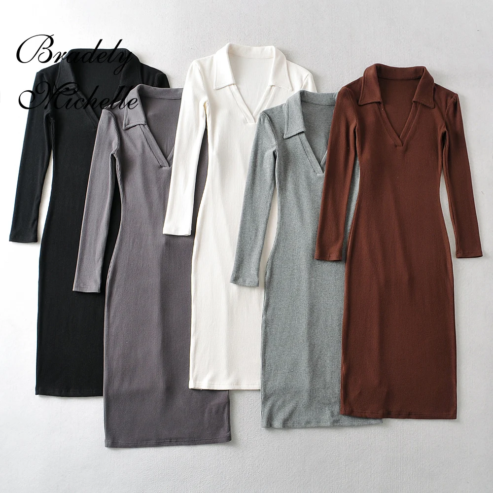

Lady Autumn Casual Long Sleeve Turn Down Collar Knit Dress Bodycon Stretchy Vestidos