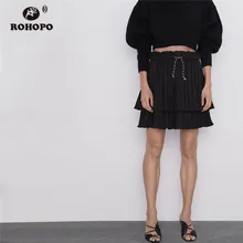 ROHOPO Overlocked Waist Double Layer Cascading Ruffled Black Mini Skirt Cotton Lace Up belted Ladies Sexy Autumn Falda #1284