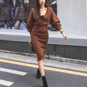 

Knitted Womens Two Piece Set 2019 Women 2 Piece Set Sweater Suit Vintage Long Sleeve Cardigan Female Midi Skirt Sets