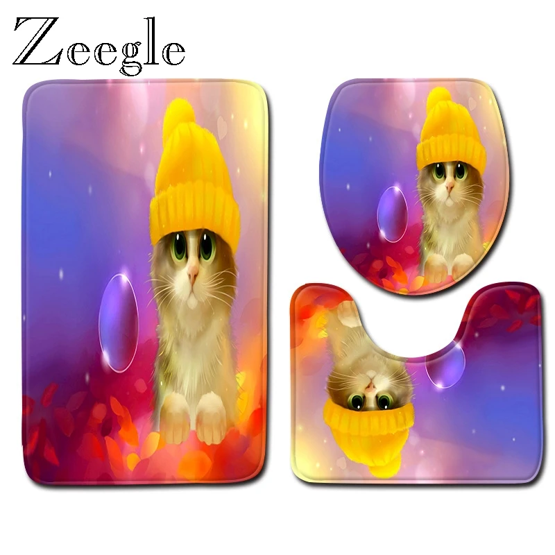 Zeegle Cat Bath Mat Set Absorbent Toilet Pedestal Rug Washable Toilet Seat Cover Mat Anti Slip Bathroom Doormat 3pcs Toilet Set