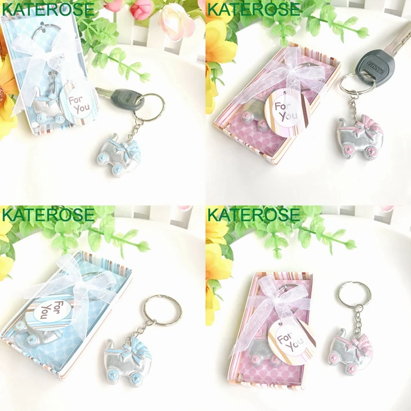 

12PCS Pink/Blue Baby Carriage Design Key Chain in Gift Box Good For Baby Shower Favors Newborn Christening Gift Keychain Favor