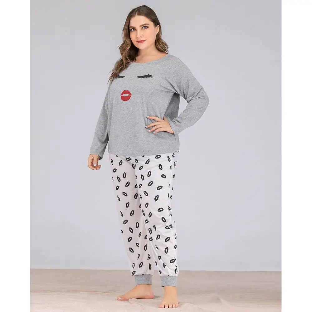 

lips printed Tshirt top and Pants two pieces Set plus size Spring o-neck Sleepwear Nightwear Loungewear Pajama Sets VKSL1044