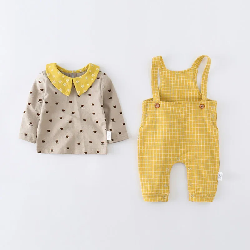 VIMIKID/комплект одежды для малышей, осень г., новые полосатые штаны на бретелях+ хлопковая рубашка с длинными рукавами и круглым вырезом с принтом комплект детской одежды