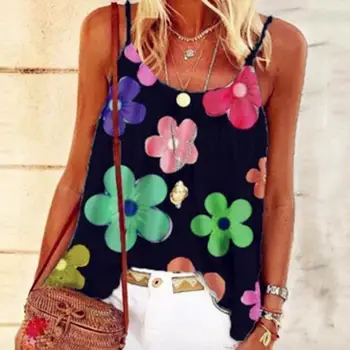 

2020 Sexy Women Summer Chiffon Boho Casual Beach Floral Hole Strap Tank Vest Tops Female Cotton Plus Sizes Ladies Shirt Camis