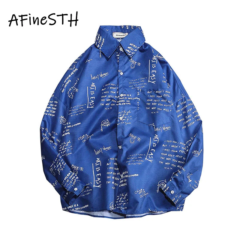 

AFineSTH Loose Letter Streetwear Shirt Korean Style Men Casual Single Breasted Long Sleeve Turn-down Collar Blusa Masculino