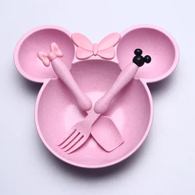 pink 3pcs set Пшеничная соломенная чаша детская посуда с рисунком набор детский обеденный тарелка детская тренировочная чаша ложка Вилка для ребенка - Цвет: pink 3pcs set
