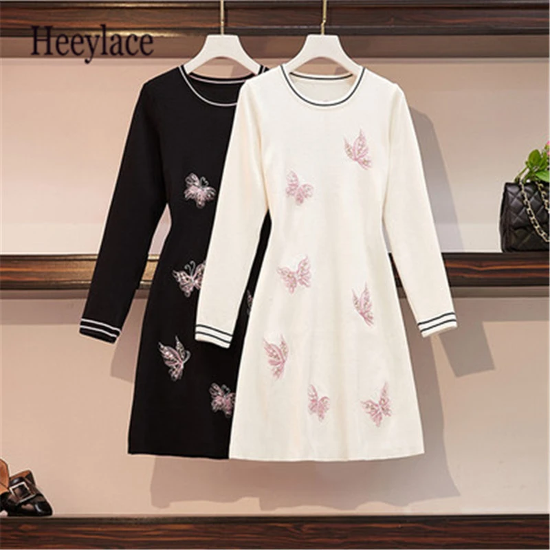 

Plus Size Knitted Embroidery Butterfly Long Sleeve High Waist Dress Women Fashion Autumn Winter Office Work Knitted Dress 4XL