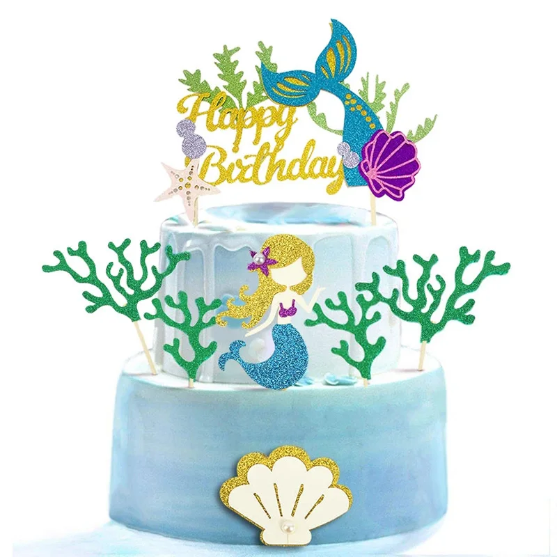 Little Mermaid Party Birthday Ariel Seashell Glitter Cupcake Toppers Baby Shower Under the Sea Party 12 or 24 count
