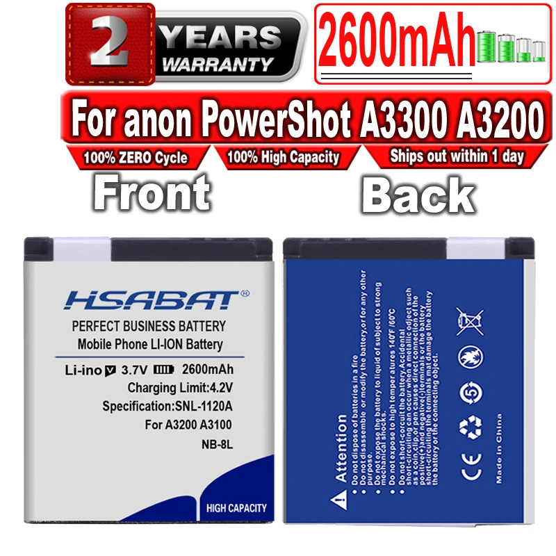 Аккумулятор HSABAT 2600 мАч для Фотоаппарата Canon PowerShot A3300 A3200 A3100 A3000 A2200 A1200 IS |