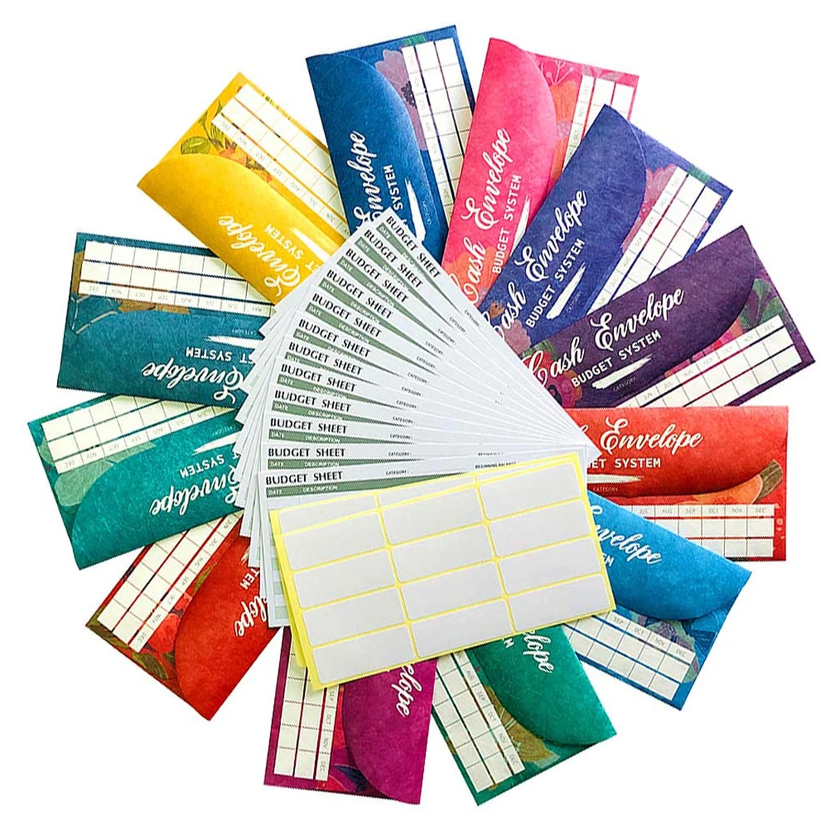 Cash Envelopes Budget System Tear & Waterproof with Colorful  Envelopes12 Expense Tracking Budget Sheets for Money Saving