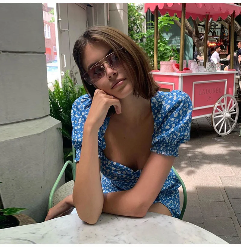 Women Casual Floral Print Midi Dress Square Collar Ruffle Puff Sleeve Slim Split Summer Dress French Romance Retro Dress Vestido