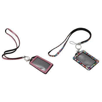 

2 Pcs Rhinestone Bling Crystal Custom Lanyard Vertical ID Badge Holder (Pink & Colorful)