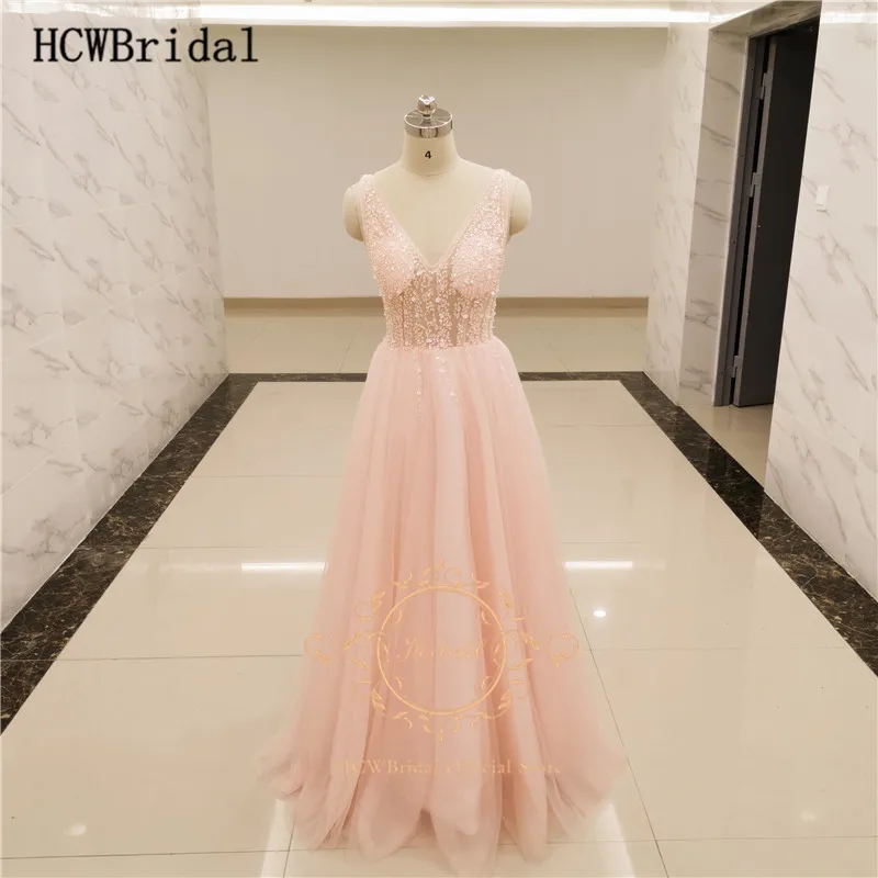 

Real Photos 2019 Luxury Beads Sheer Long Evening Dress V Neck A Line Floor Length Elegant Formal Gown Customize Robe De Soiree