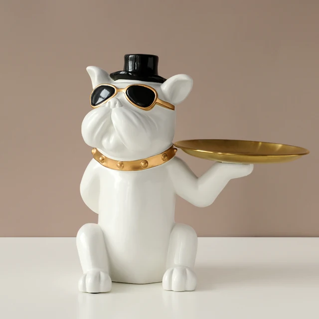 Green Bulldog with Metal Tray Table décor Resin Dog statue home decoration Dog Figurine with Decorative Tray for Keys Jewelry White