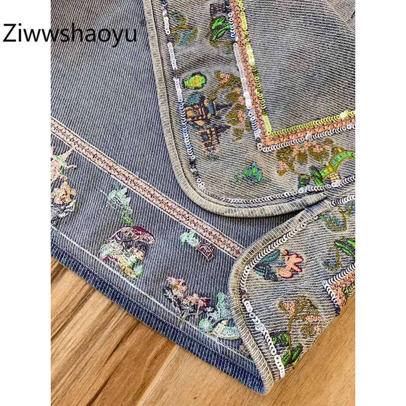 Ziwwshaoyu элегантный цветок вышивка слоеный короткий рукав Cheongsam Мини джинсовые платья Женская одежда высокого качества