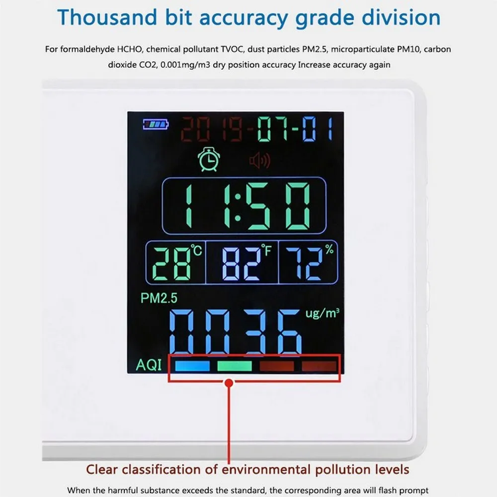 CO2 PM2.5 HCHO формальдегид частицы температура измеритель влажности детектор углекислого газа Большой ЖК-дисплей часы с подсветкой сигнализации
