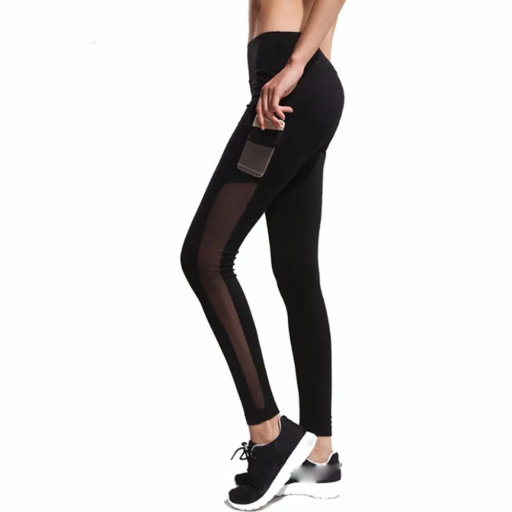 Women High Waist Capri Yoga Pants Black Mesh Leggings Pocket Gym Sportswear Run 