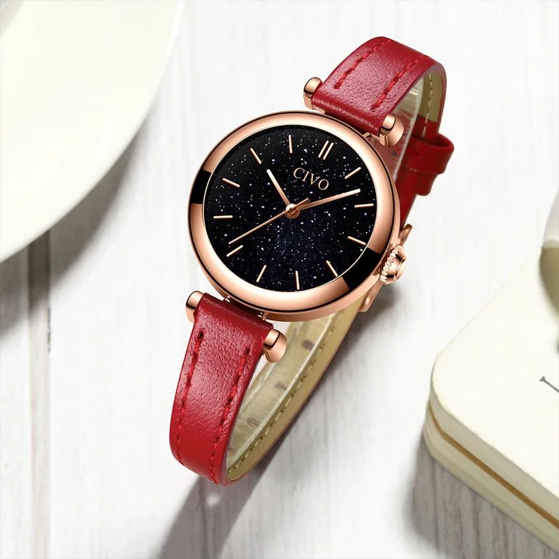 CIVO женские часы Montre Femme Топ бренд женские кварцевые часы на запястье часы Роскошный красный кожаный ремешок водонепроницаемые часы 8104