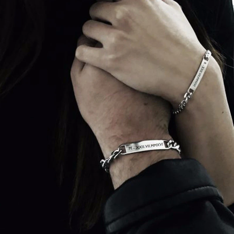Stainless Steel Bracelet Plate Id Tag Bar Cuban Link Chain Engravable for Men Women Couple