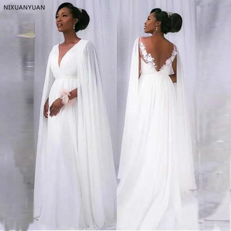 

Boho Style A-Line Simple Pregnant Wedding Dress 2019 New Arrival Deep V-neck Applique with Flowers Wedding Dress