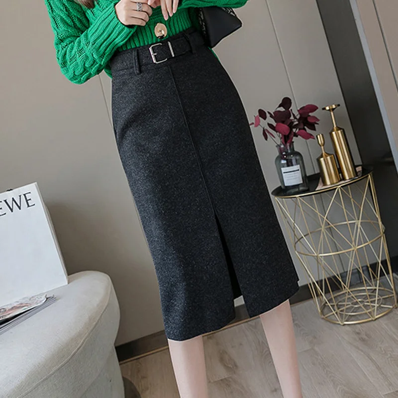 Женская шерстяная юбка-карандаш с поясом спереди, с разрезом, высокая ...