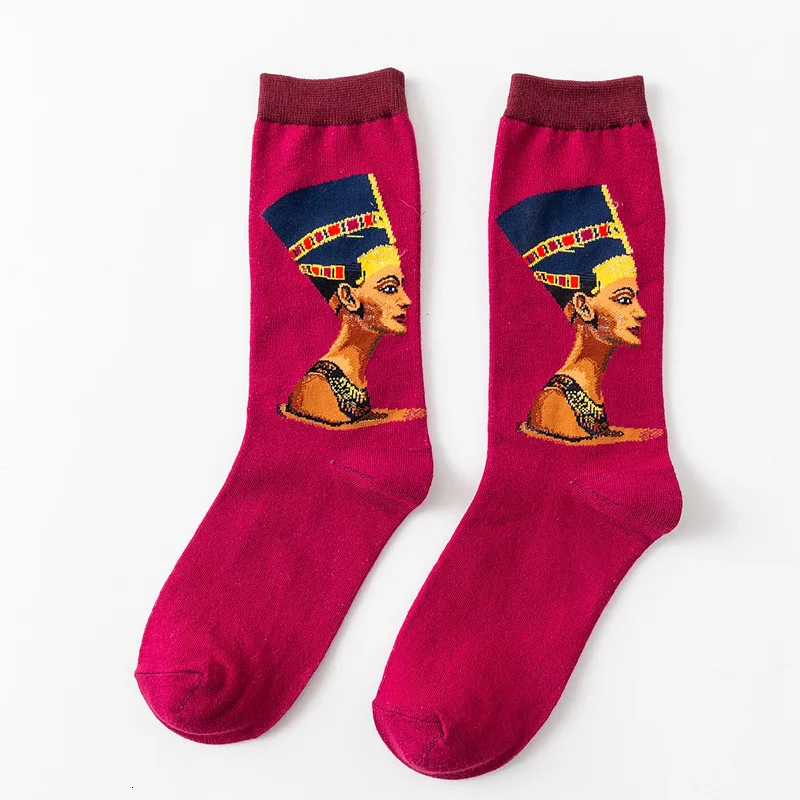 MUXNSARYU/1 пара носков; Мужские Носки с рисунком Моны Лизы; хлопковые носки для мужчин с рисунком Ван Гога, масляной живописи, звездного неба - Цвет: Red Pharaoh