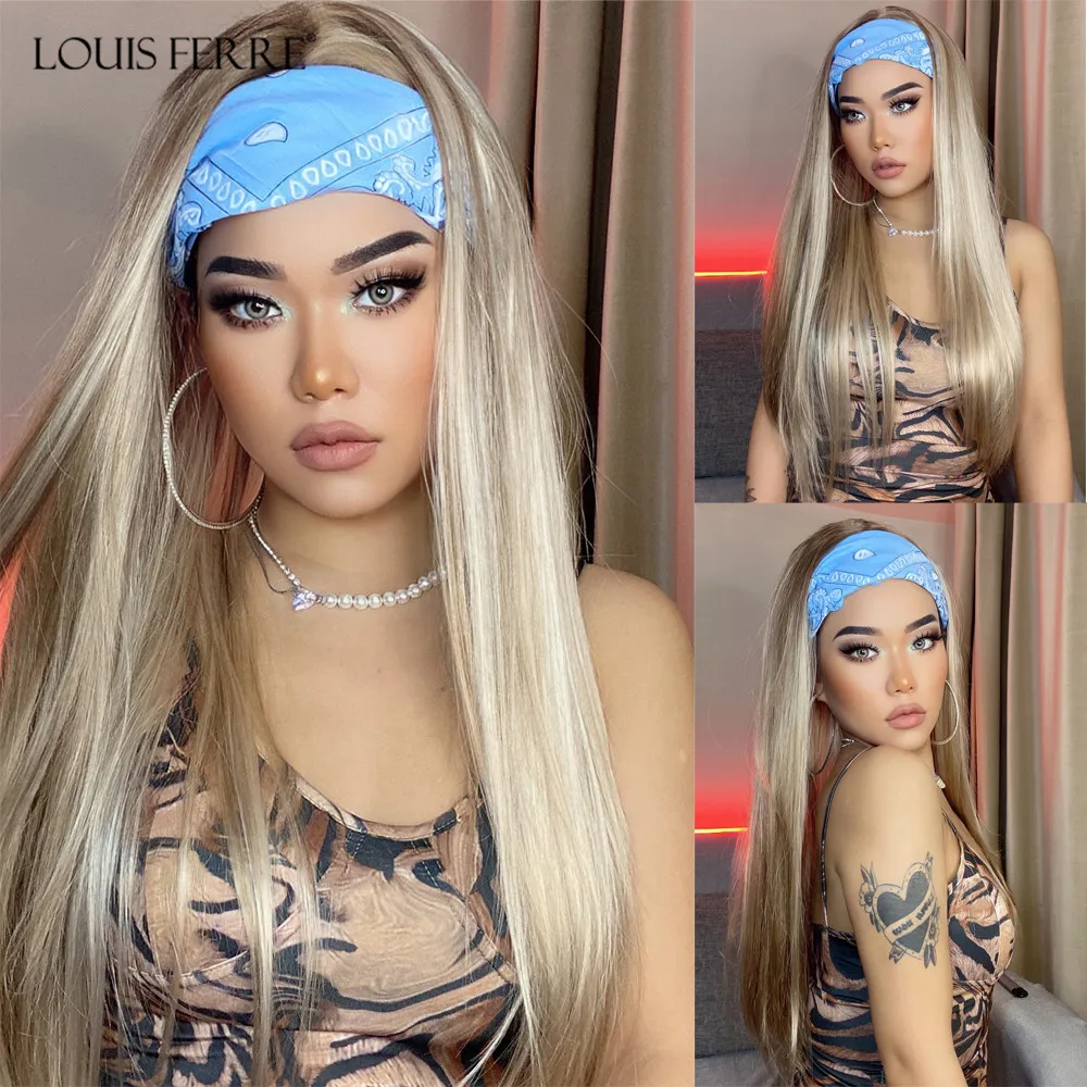 

LOUIS FERRE Long Straight Blonde Headband Wigs Heat Resistant Synthetic Natural Hair Wig With Headband for Black Women Daily Use