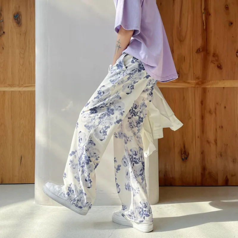 Spring Summer Flower Pants Men's Fashion Printed Casual Pants Men Streetwear Loose Hip-hop Straight Wide-leg Mens Trousers wide leg pants wide leg sweatpants men cargo pants