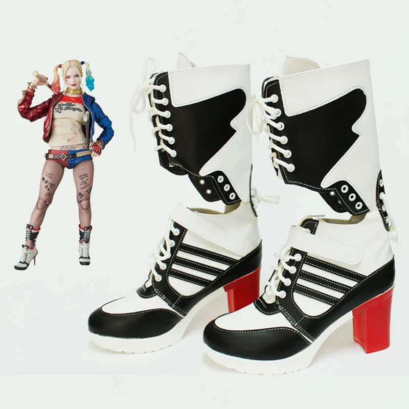 Белые кожаные женские ботинки для косплея; большие размеры 35-43; Джокер Куинн; отряд самоубийц; обувь Harley; костюмы на Хэллоуин; клоунские сапоги с героями мультфильмов